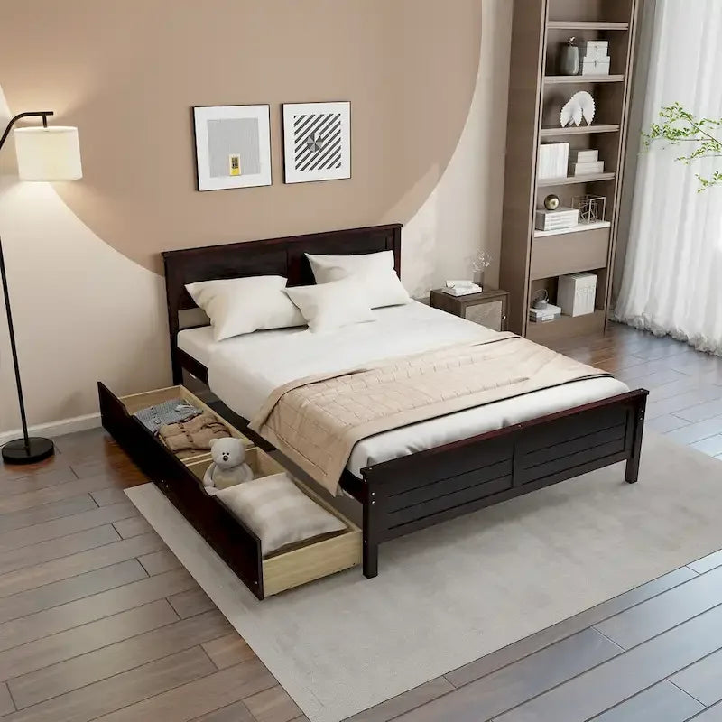 Struttura Letto in Legno Matrimoniale con 2 Cassetti Contenitore e Spazio Sotto-letto
