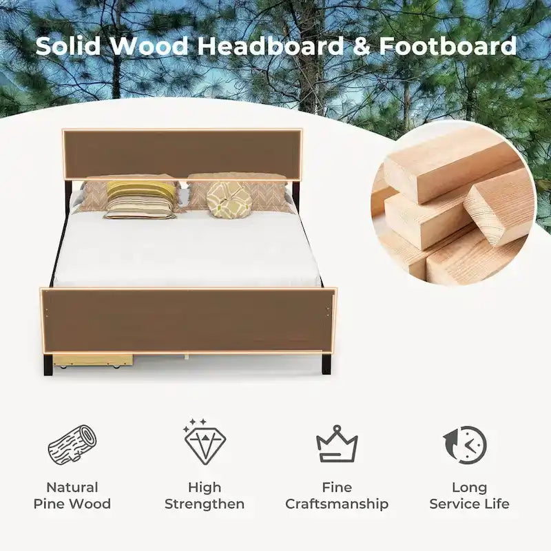 Struttura Letto in Legno Matrimoniale con 2 Cassetti Contenitore e Spazio Sotto-letto