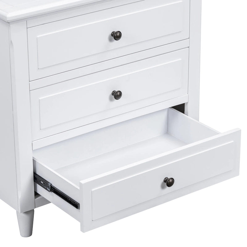 Comodino moderno di metà secolo, armadietti in legno con maniglia in metallo a 3 cassetti, tavolino da ingresso con gambe in legno massello