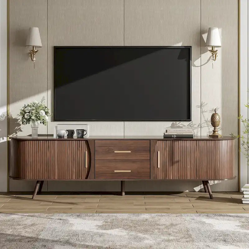 Mobile TV moderno di metà secolo per TV da 80 pollici, Centro di intrattenimento con mobile contenitore e 2 cassetti