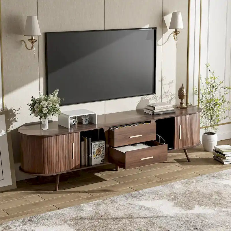 Mobile TV moderno di metà secolo per TV da 80 pollici, Centro di intrattenimento con mobile contenitore e 2 cassetti