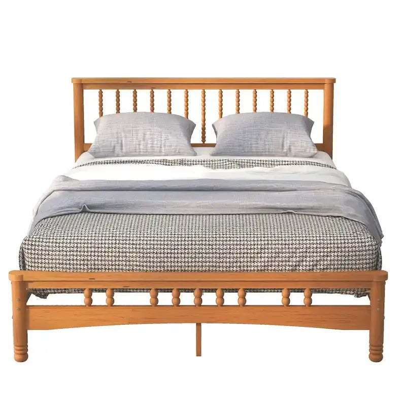 Oak Elegant Style Queen Size Wooden Platform Bed with Headboard for Bedroom