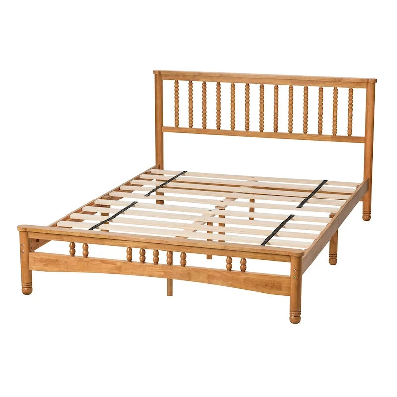 Elegant houten platformbed in eiken stijl, queen-size, met hoofdbord voor de slaapkamer