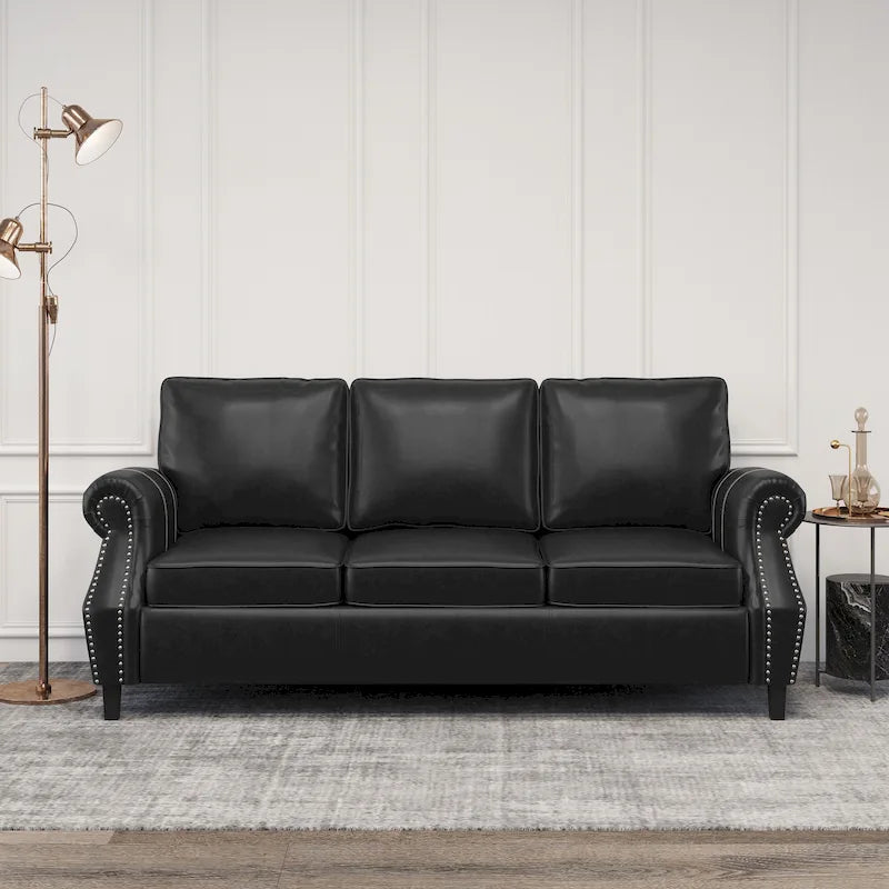 Divano a 3 posti moderno nero in similpelle 80 con gambe in legno di betulla e borchie per soggiorno