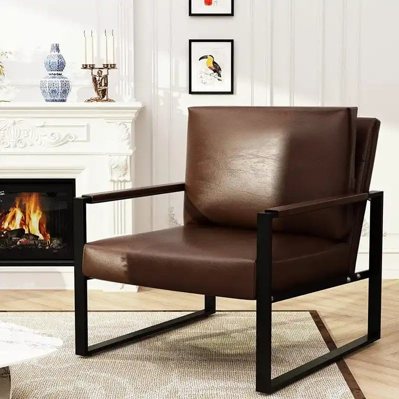 Poltrona imbottita in pelle PU stile Moderno Vintage, Poltrone accentate Mid-Century con telaio in acciaio, Poltrone relax