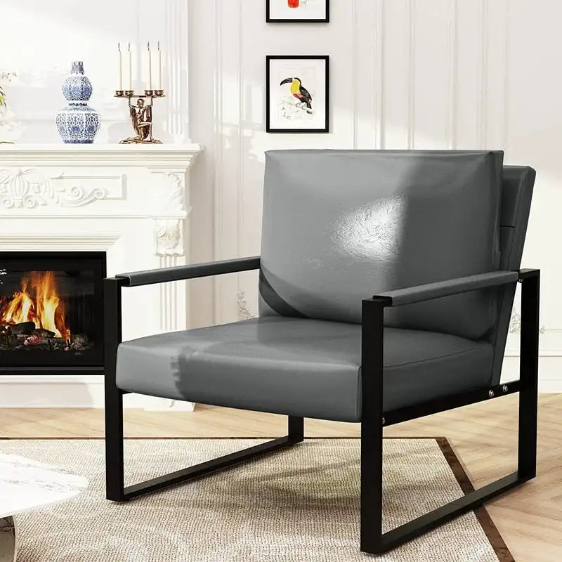Poltrona imbottita in pelle PU stile Moderno Vintage, Poltrone accentate Mid-Century con telaio in acciaio, Poltrone relax
