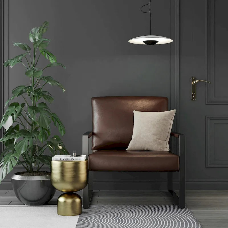 Poltrona imbottita in pelle PU stile Moderno Vintage, Poltrone accentate Mid-Century con telaio in acciaio, Poltrone relax
