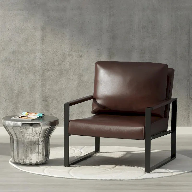 Poltrona imbottita in pelle PU stile Moderno Vintage, Poltrone accentate Mid-Century con telaio in acciaio, Poltrone relax