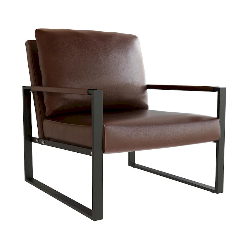 Poltrona imbottita in pelle PU stile Moderno Vintage, Poltrone accentate Mid-Century con telaio in acciaio, Poltrone relax