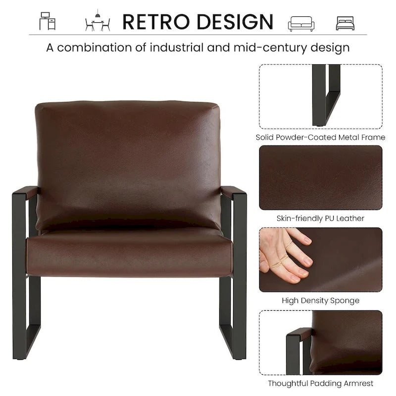 Poltrona imbottita in pelle PU stile Moderno Vintage, Poltrone accentate Mid-Century con telaio in acciaio, Poltrone relax