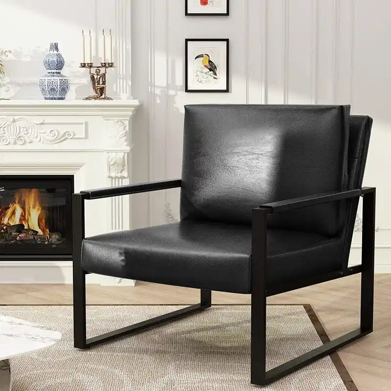 Poltrona imbottita in pelle PU stile Moderno Vintage, Poltrone accentate Mid-Century con telaio in acciaio, Poltrone relax