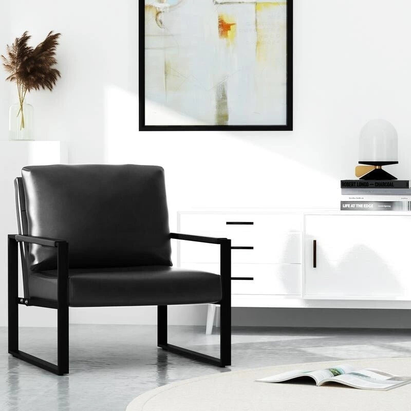 Poltrona imbottita in pelle PU stile Moderno Vintage, Poltrone accentate Mid-Century con telaio in acciaio, Poltrone relax