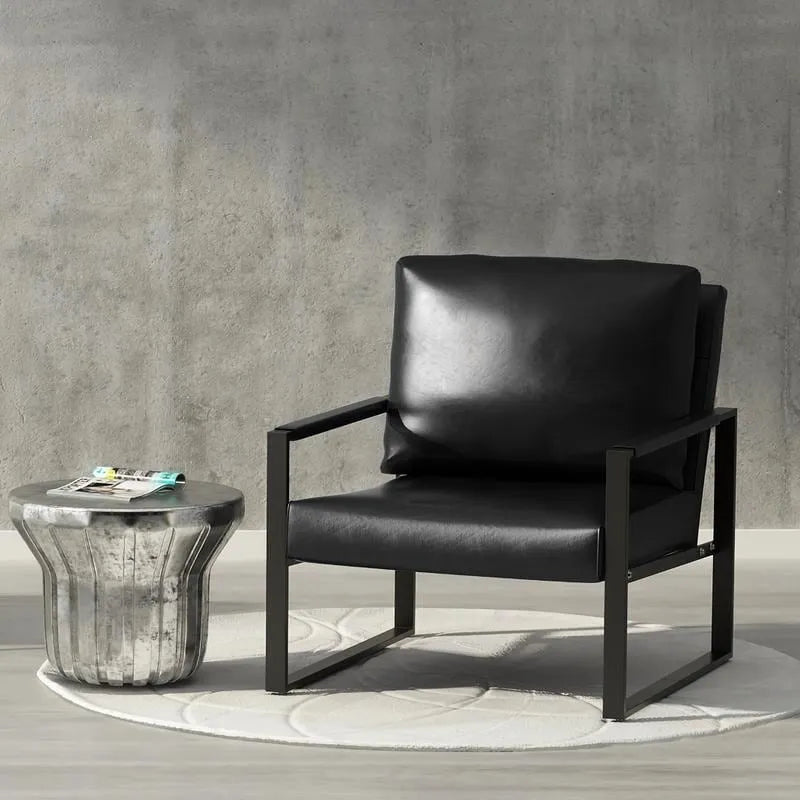 Poltrona imbottita in pelle PU stile Moderno Vintage, Poltrone accentate Mid-Century con telaio in acciaio, Poltrone relax