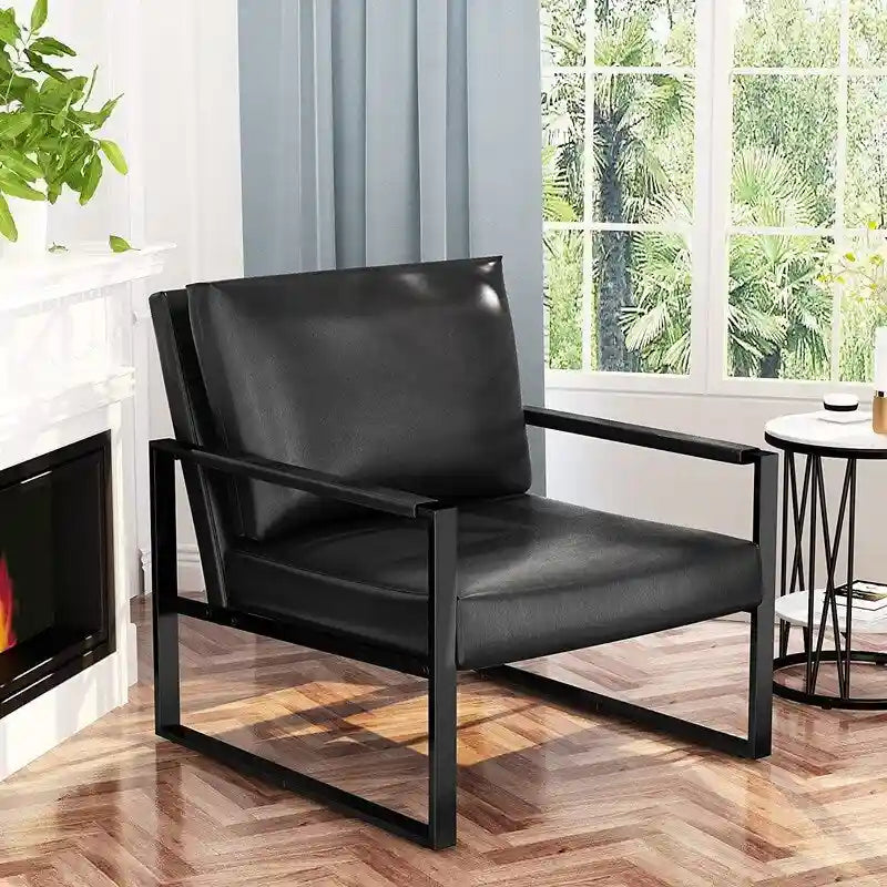 Poltrona imbottita in pelle PU stile Moderno Vintage, Poltrone accentate Mid-Century con telaio in acciaio, Poltrone relax