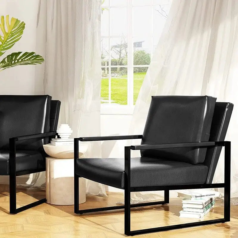 Poltrona imbottita in pelle PU stile Moderno Vintage, Poltrone accentate Mid-Century con telaio in acciaio, Poltrone relax