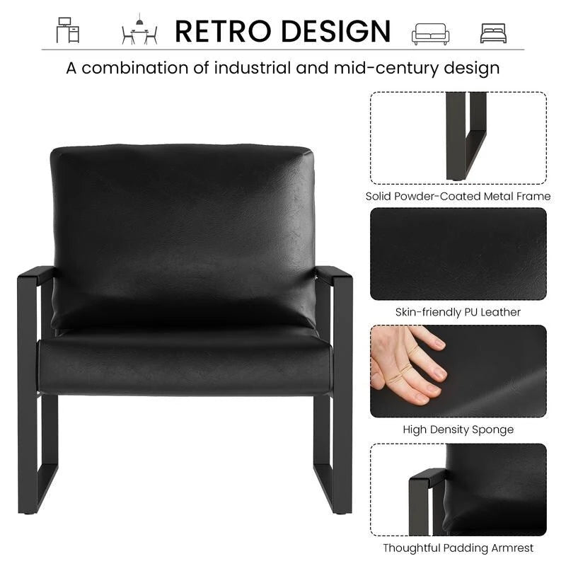 Poltrona imbottita in pelle PU stile Moderno Vintage, Poltrone accentate Mid-Century con telaio in acciaio, Poltrone relax