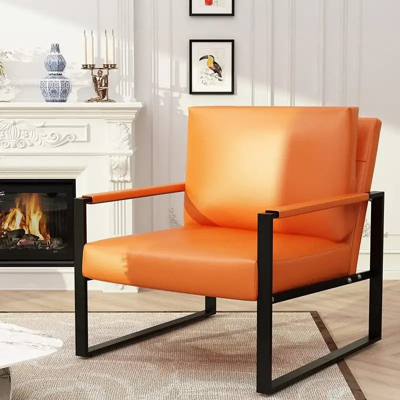 Poltrona imbottita in pelle PU stile Moderno Vintage, Poltrone accentate Mid-Century con telaio in acciaio, Poltrone relax