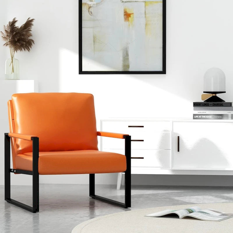 Poltrona imbottita in pelle PU stile Moderno Vintage, Poltrone accentate Mid-Century con telaio in acciaio, Poltrone relax