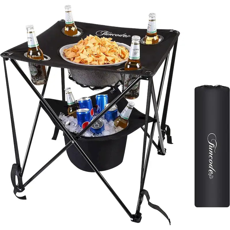 Tavolo da Campeggio Pieghevole, Tavolo da Campeggio Portatile a Doppio Strato con 4 Portabicchieri e Borsa per il Trasporto, per Picnic, Spiaggia, Escursionismo, Barbecue