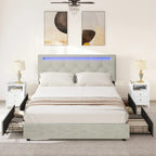 Letto a piattaforma imbottito con testiera regolabile, luce LED e ricarica USB