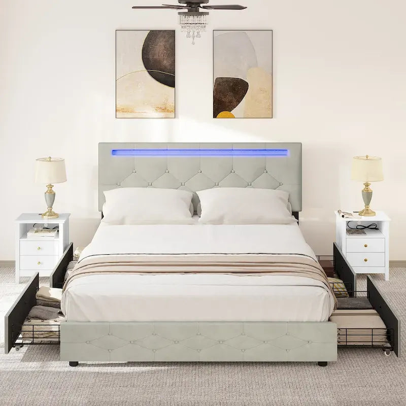 Letto a piattaforma imbottito con testiera regolabile, luce LED e ricarica USB
