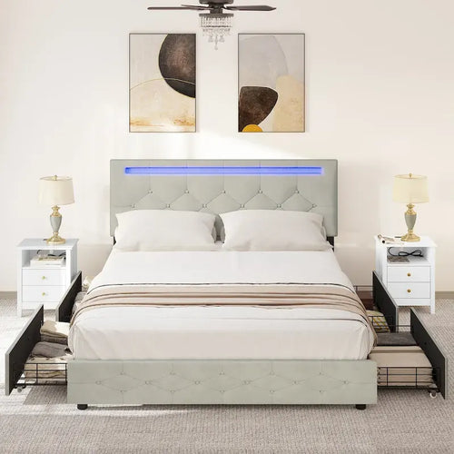 Letto a piattaforma imbottito con testiera regolabile, luce LED e ricarica USB