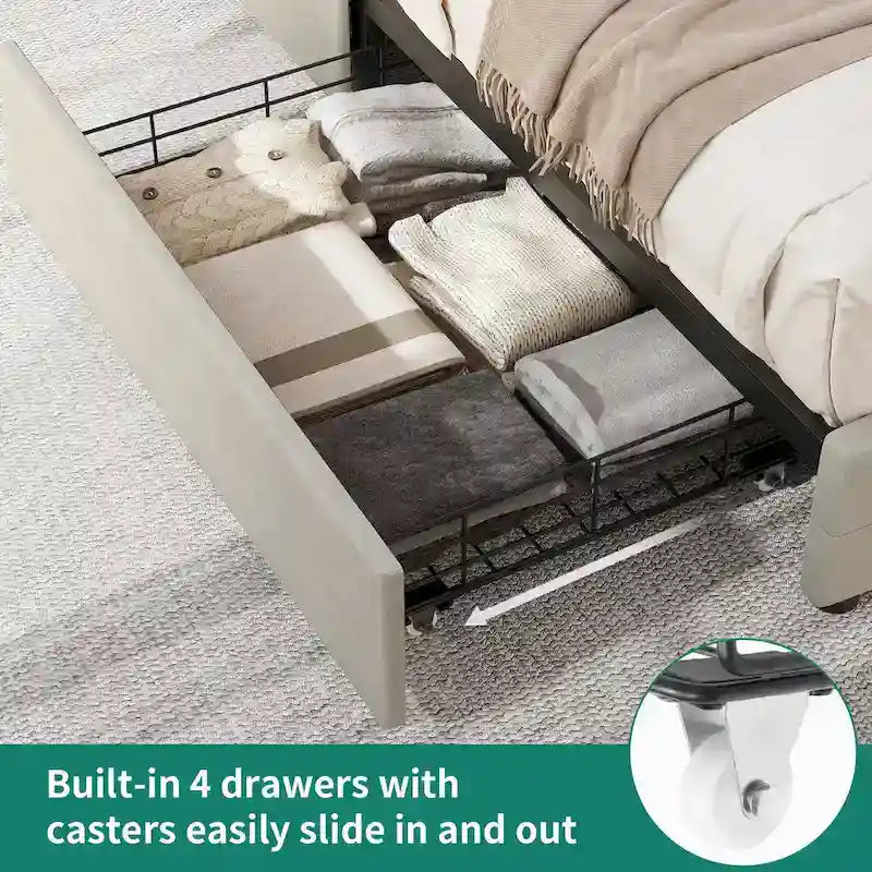 Letto a piattaforma imbottito con testiera regolabile, luce LED e ricarica USB