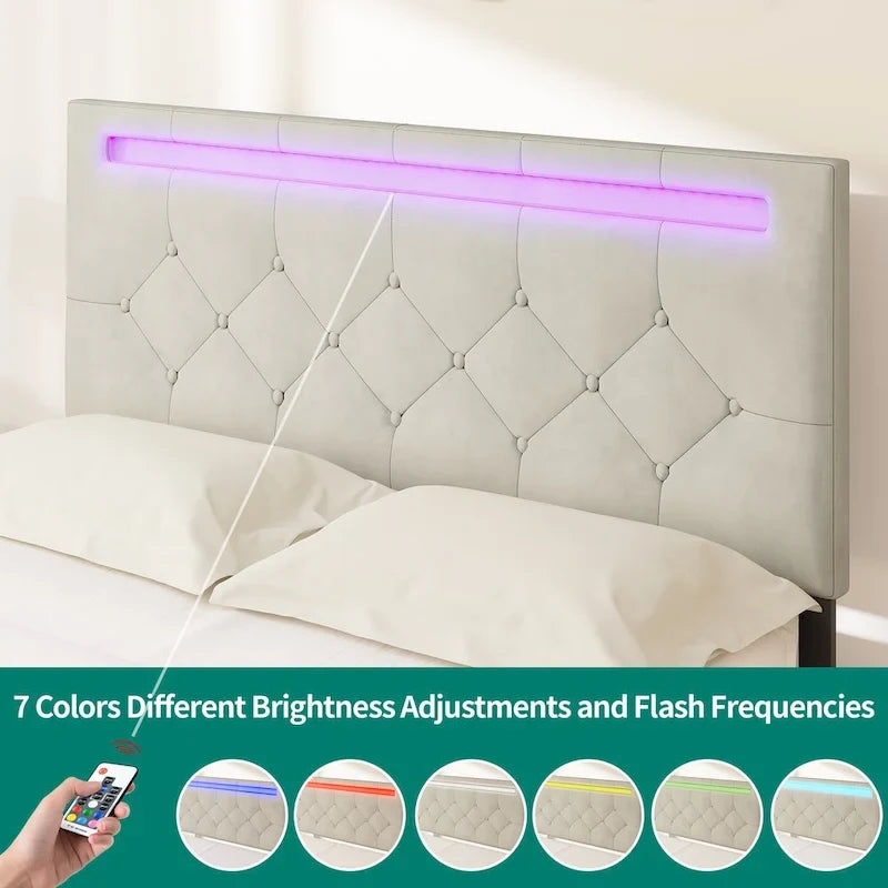 Letto a piattaforma imbottito con testiera regolabile, luce LED e ricarica USB