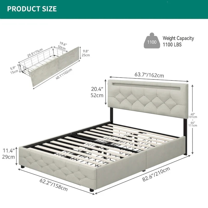 Letto a piattaforma imbottito con testiera regolabile, luce LED e ricarica USB