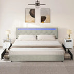 Letto a piattaforma imbottito con testiera regolabile, luce LED e ricarica USB