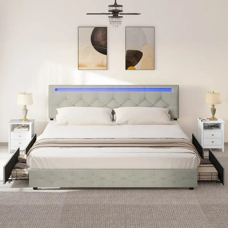 Letto a piattaforma imbottito con testiera regolabile, luce LED e ricarica USB
