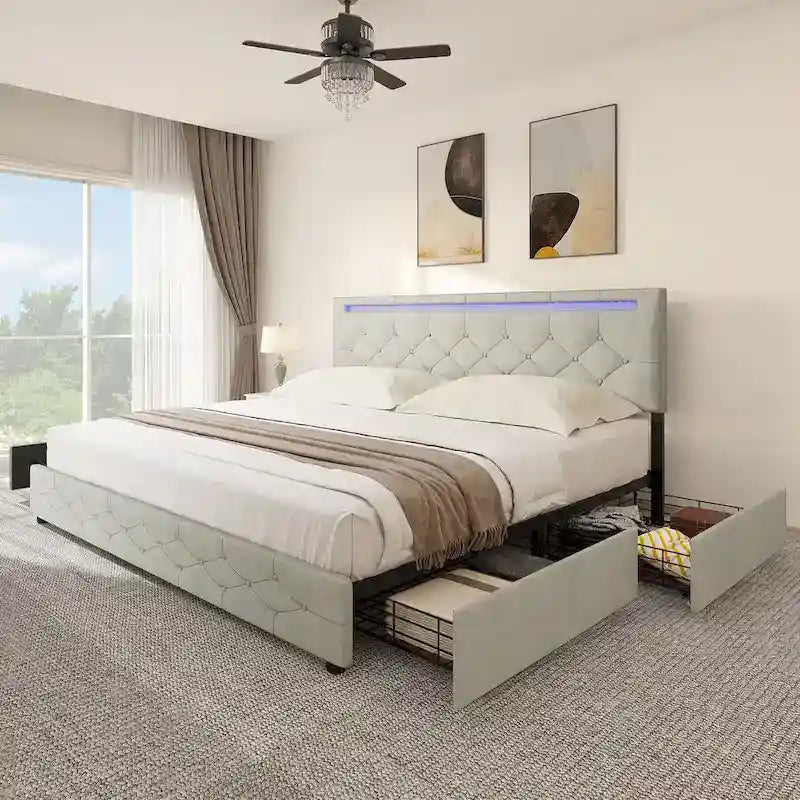 Letto a piattaforma imbottito con testiera regolabile, luce LED e ricarica USB
