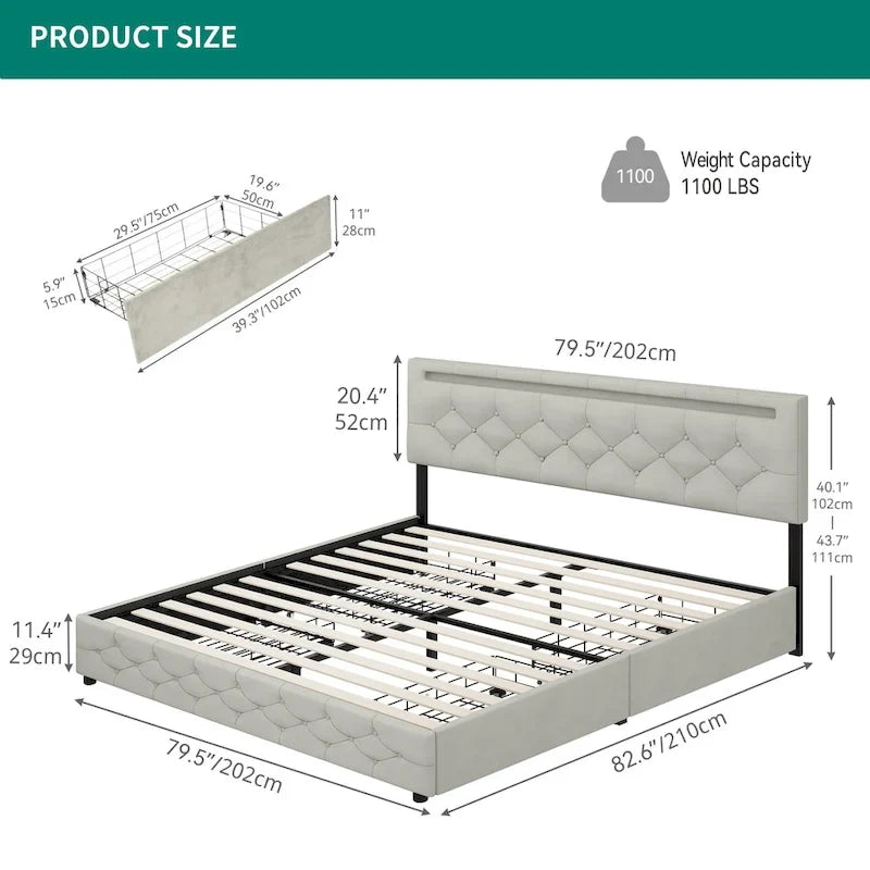 Letto a piattaforma imbottito con testiera regolabile, luce LED e ricarica USB
