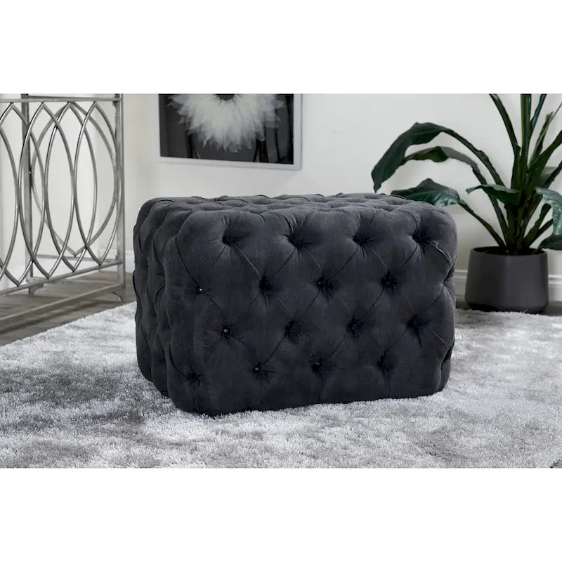 Panca Ottomana Moderna Glam in Legno, Rivestita in Tessuto Trapuntato, Colore Nero, Marrone Chiaro o Grigio