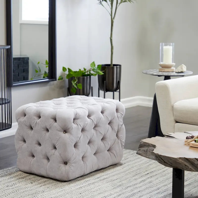 Panca Ottomana Moderna Glam in Legno, Rivestita in Tessuto Trapuntato, Colore Nero, Marrone Chiaro o Grigio