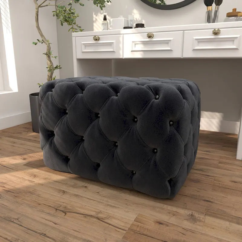 Panca ottomana moderna glamour in tessuto trapuntato, in legno nero, marrone chiaro o grigio