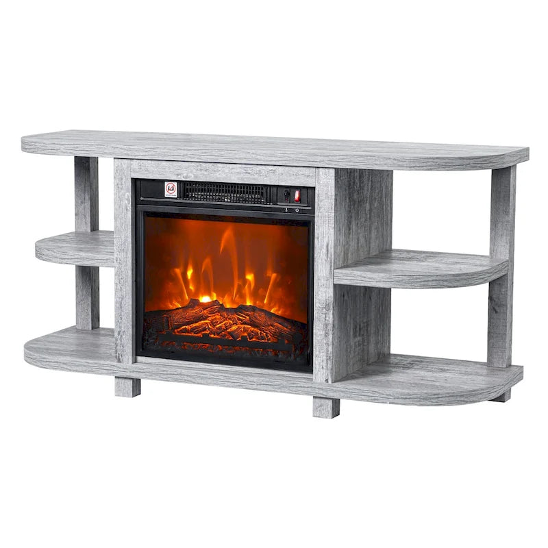 Mobile TV in legno grigio chiaro da 48 pollici con caminetto elettrico da 18 pollici con inserto nero