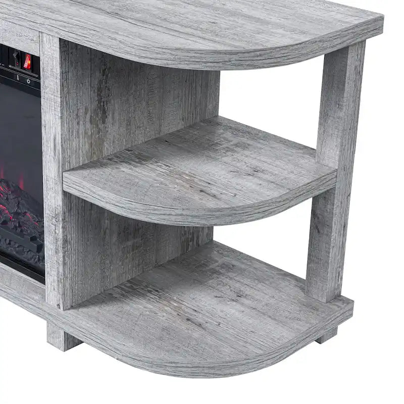 Mobile TV in legno grigio chiaro da 48 pollici con caminetto elettrico da 18 pollici con inserto nero