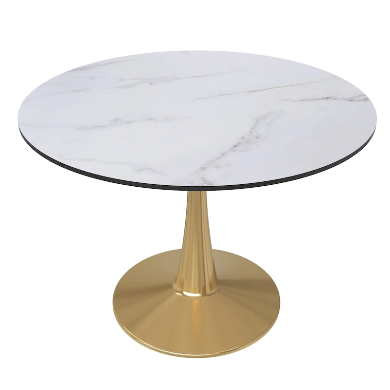 Tavolo da pranzo rotondo da 100 cm per 4 persone con piano in MDF e base in acciaio color oro per cucina e sala da pranzo