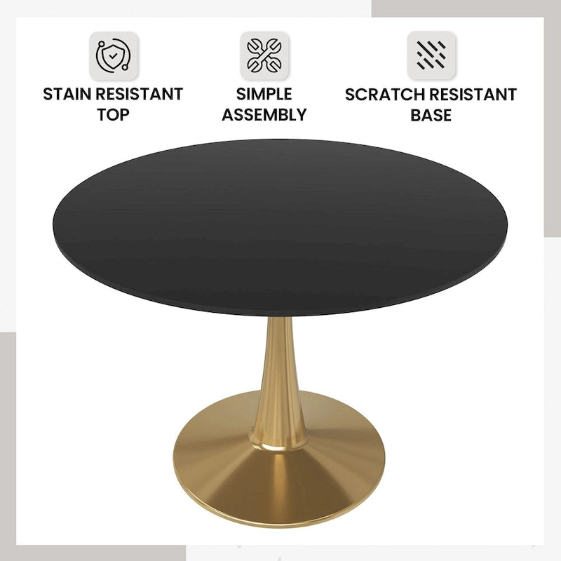 Tavolo da pranzo rotondo da 100 cm per 4 persone con piano in MDF e base in acciaio color oro per cucina e sala da pranzo