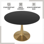 Tavolo da pranzo rotondo da 100 cm per 4 persone con piano in MDF e base in acciaio color oro per cucina e sala da pranzo