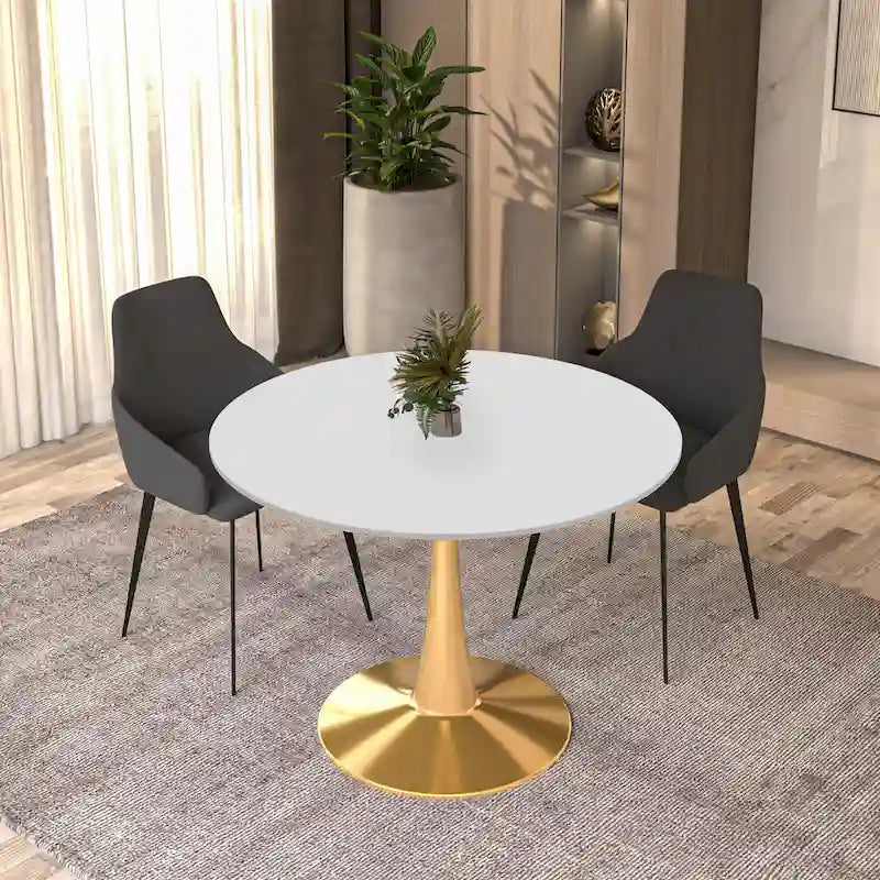 Tavolo da pranzo rotondo da 100 cm per 4 persone con piano in MDF e base in acciaio color oro per cucina e sala da pranzo