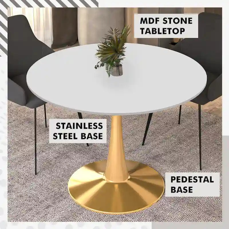 Tavolo da pranzo rotondo da 100 cm per 4 persone con piano in MDF e base in acciaio color oro per cucina e sala da pranzo