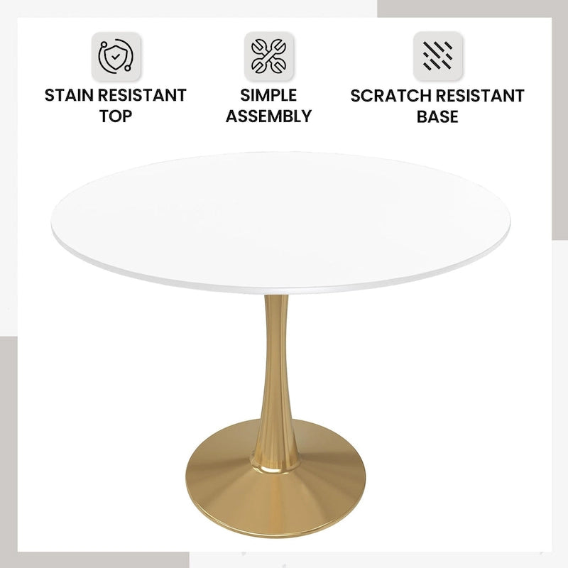 Tavolo da pranzo rotondo da 100 cm per 4 persone con piano in MDF e base in acciaio color oro per cucina e sala da pranzo