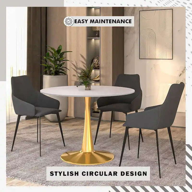 Tavolo da pranzo rotondo da 100 cm per 4 persone con piano in MDF e base in acciaio color oro per cucina e sala da pranzo