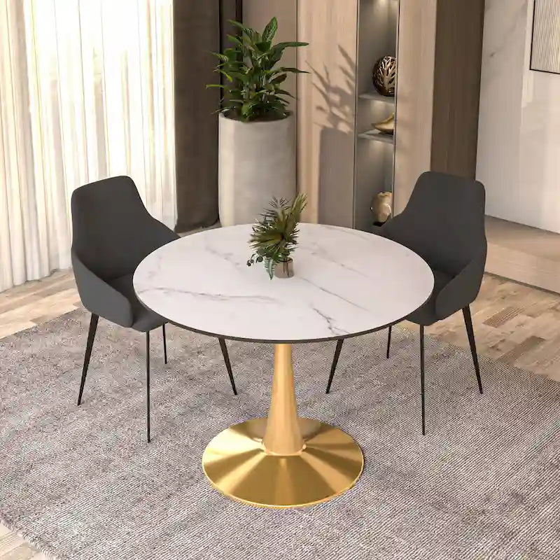 Tavolo da pranzo rotondo da 100 cm per 4 persone con piano in MDF e base in acciaio color oro per cucina e sala da pranzo