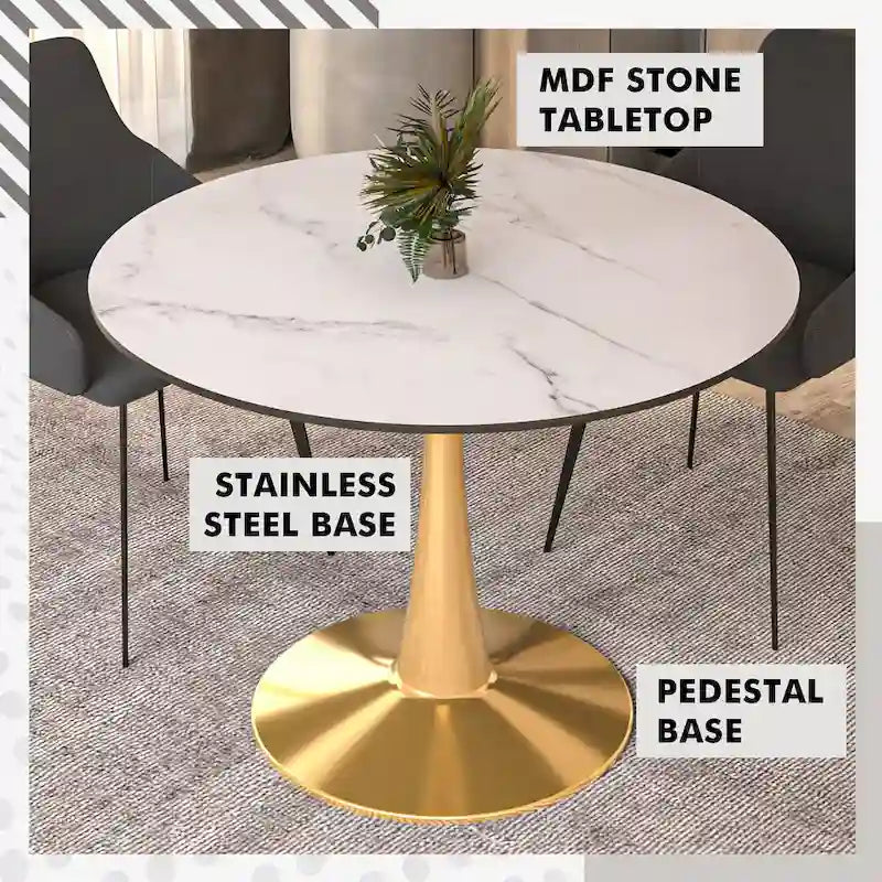 Tavolo da pranzo rotondo da 100 cm per 4 persone con piano in MDF e base in acciaio color oro per cucina e sala da pranzo