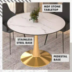 Tavolo da pranzo rotondo da 100 cm per 4 persone con piano in MDF e base in acciaio color oro per cucina e sala da pranzo