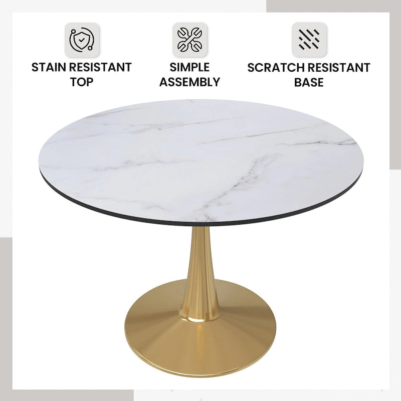 Tavolo da pranzo rotondo da 100 cm per 4 persone con piano in MDF e base in acciaio color oro per cucina e sala da pranzo