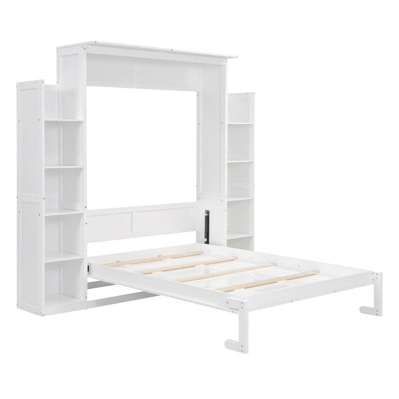 Letto a scomparsa matrimoniale in legno con scaffali e luci a LED